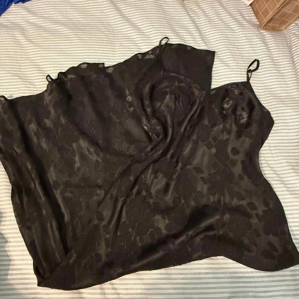 Vintage Victorias Secred black Satin Lace Burnout Floral Rose Slit Slip Dress
